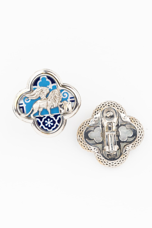 Серьги из белого золота c эмаль и перламутром