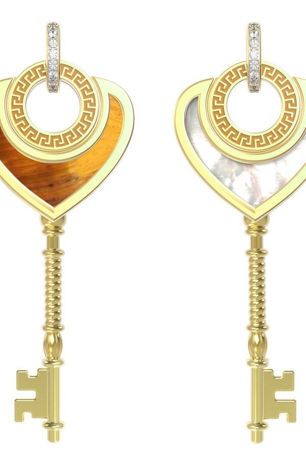 Подвеска из лимонного золота 585 пробы c фианитом, тигровым глазом и перламутром