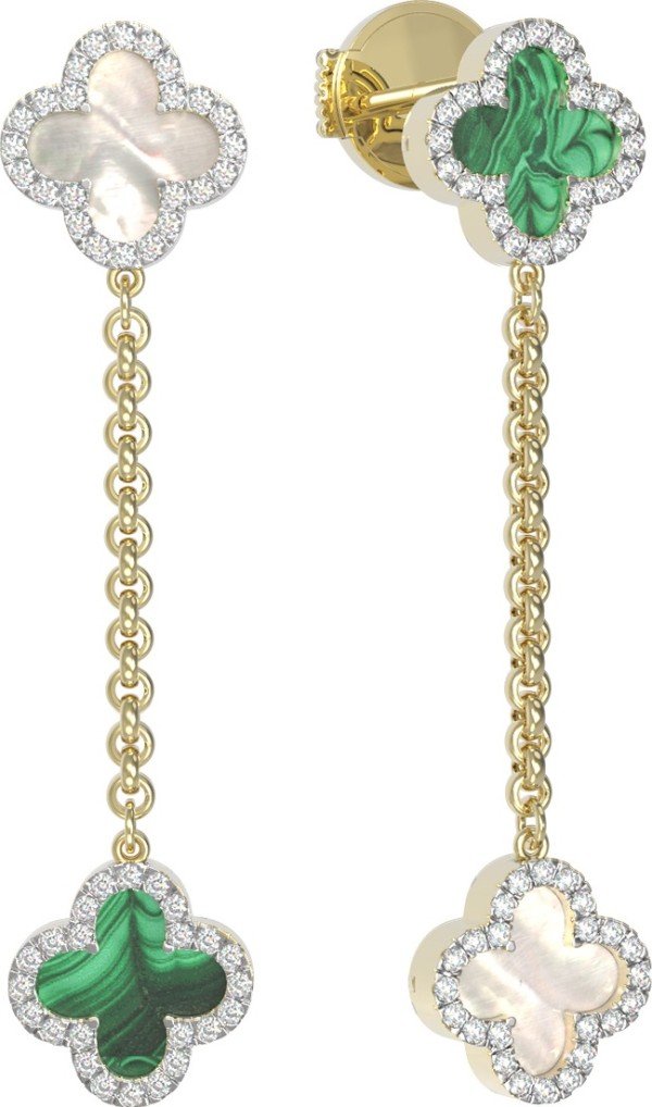 Серьги из лимонного золота 585 пробы c бриллиантами, малахитом и перламутром