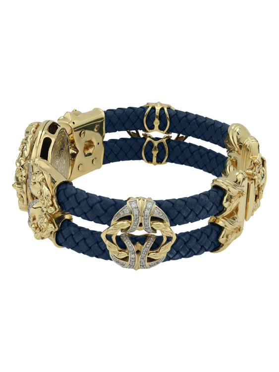 Браслет из лимонного золота c эмаль , бриллиантами, кожаным шнурком и ониксом