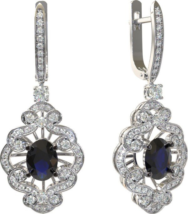 Серьги из белого золота c бриллиантами и сапфиром