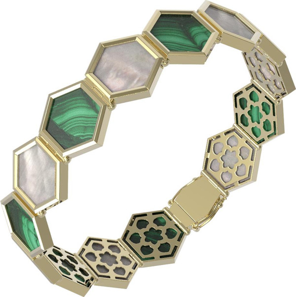 Браслет из лимонного золота c малахитом и перламутром