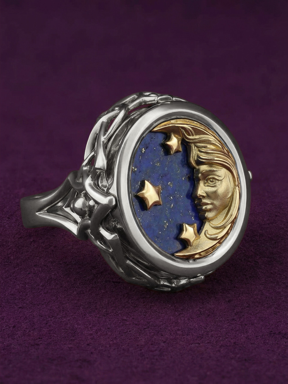 Кольцо из белого золота c бирюзой и лазуритом