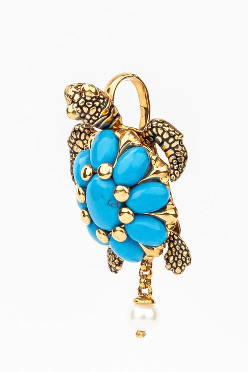 Подвеска из золота c эмаль , жемчугом и бирюзой