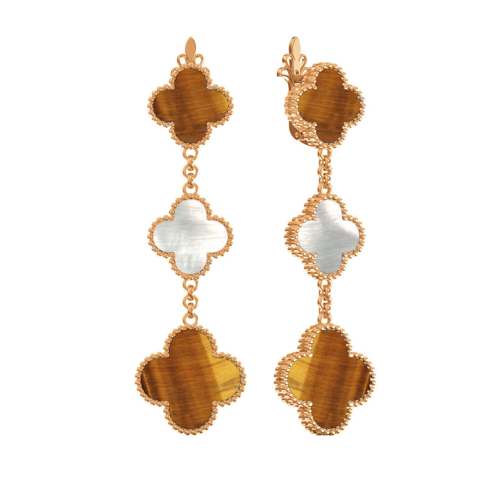 Серьги из золота c тигровым глазом и перламутром